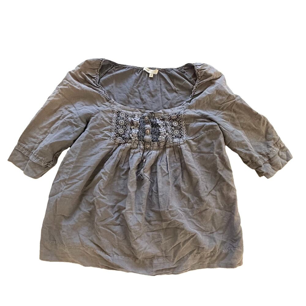 Maje Faded Grey Silk Cotton Bib Lace Embroidery Boho Chic Blouse Shirt Sz 2